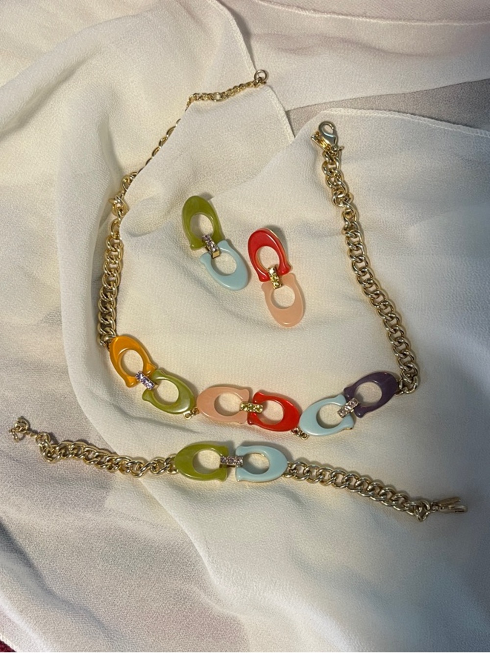 Coach Gold-Tone Chain Necklace & Bracelet Set with Multicolor Enamel Links